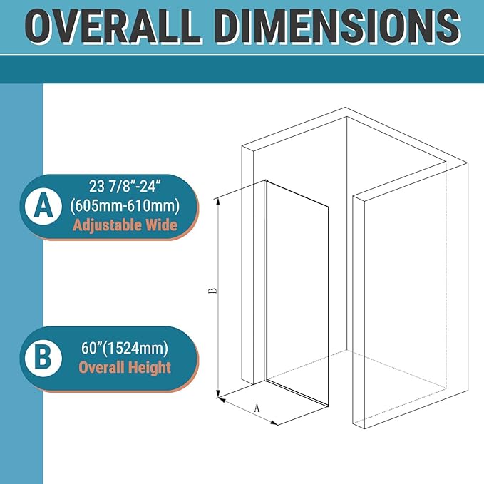 Sunrosa 24"×60" Bathtub Glass Panel, 8mm Thick Shower Screen, Matte Black