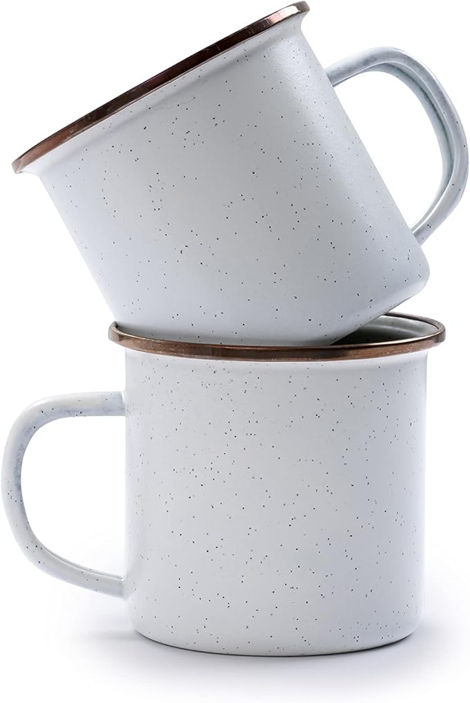 Barebones Enamel Cup Set- Enamel Coffee Mugs Set of 2 16-oz - Stainless Steel Rim Camping Mug for Indoor and Outdoor Use (Eggshell)