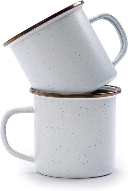 Barebones Enamel Cup Set- Enamel Coffee Mugs Set of 2 16-oz - Stainless Steel Rim Camping Mug for Indoor and Outdoor Use (Eggshell)