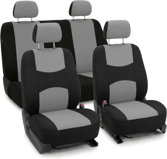 FH Group Bright Flat Cloth Full Set Automotive Seat Covers Front Set and Rear Solid Bench Gray Black Seat Covers w. Gift Universal Fit Interior Accessories for Cars Trucks and SUVs