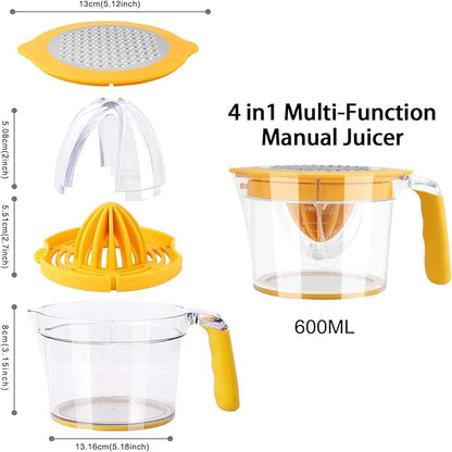 Citrus Lemon Orange Juicer Manual Hand Squeezer, Fruit Juicer Lime Press with Built-in Measuring Cup and Grater and Egg separator, Non-Slip Silicone Handle, 20OZ