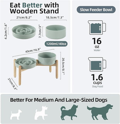 Ceramic Raised Slow Feeder Dog Bowl Set, Elevated 7.3inch Bowl and 8.2inch