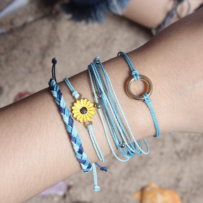 FANCY SHINY Sunflower String Bracelet Boho Braided Rope Wrap Bracelets Cute Summer Beach Surfer Jewelry for Women Christmas Gifts