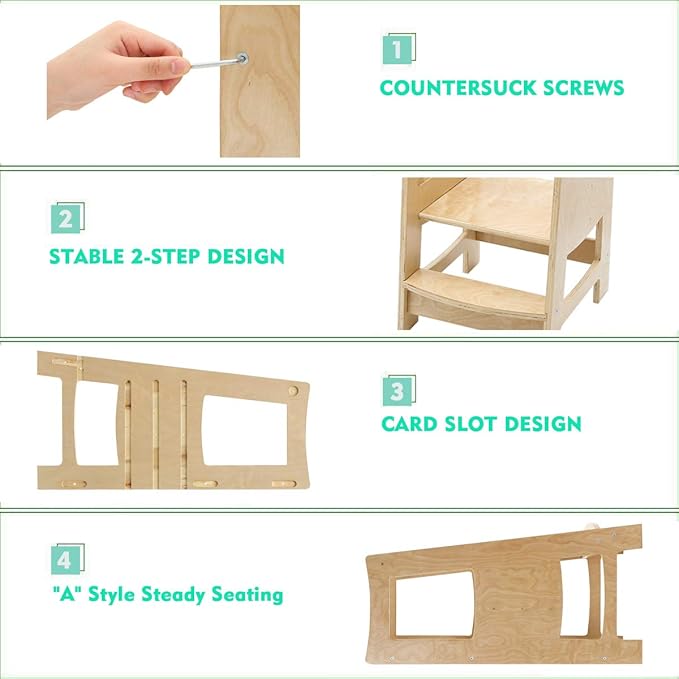 Toddler Kitchen Step Stool with Safety Rail Kids Wooden Standing Tower for Kitchen Counter and Bathroom Sink, 3 Heights Adjustable Step Up Stool Mothers' Helper, Solid Wood Construction, Natural