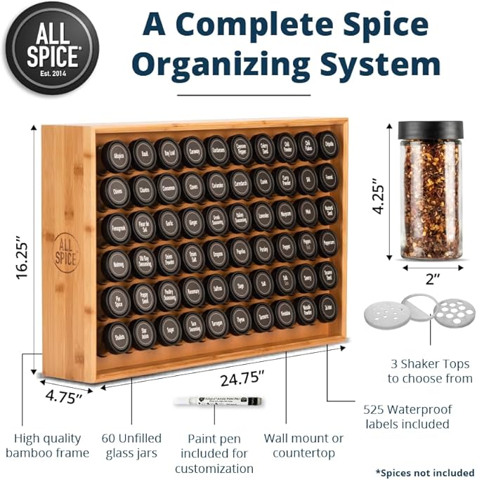 AllSpice Spice Rack Organizer, 525 Unique Labels, Countertop or Wall Mount