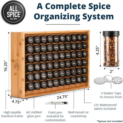 AllSpice Spice Rack Organizer, 525 Unique Labels, Countertop or Wall Mount