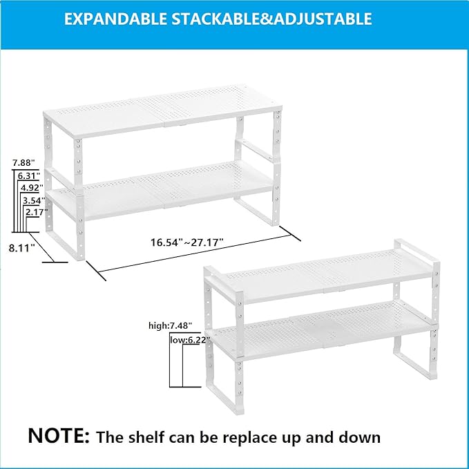 Expandable,Adjustable & Stackable Spice Rack, Cabinet Kitchen Countertop Shelf Organizer,Metal Pantry Storage Shelves - Space-Saving Storage Solution(2Packs/White/Medium)