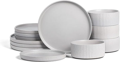 Stone Lain Haven Stoneware 12-Piece Dinnerware Set, Grey - Plates and Bowls Sets for 4, Elegant Dish Set, Includes Dinner Plates, Salad Plates Cereal Bowls, Microwave & Dishwasher Safe