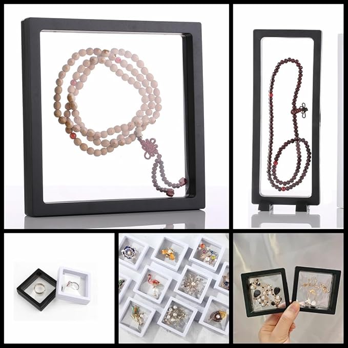 6 Pcs 3D Floating Display Case Frame Display Holder Stands Inner Round Transparent PE Film Storage Box for Jewelry Challenge Coin Medal Antique 3.5 x 3.5 x 0.8 Inches Black and White