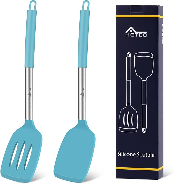 HOTEC Silicone Spatula Set of 2 Heat-Resistant 600°F & BPA-Free Kitchen SaptulaTurner with Stainless Steel Handles, Slotted & Solid Spatulas for Nonstick Cookware, 13.7 Inch, Blue