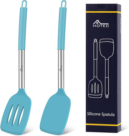 HOTEC Silicone Spatula Set of 2 Heat-Resistant 600°F & BPA-Free Kitchen SaptulaTurner with Stainless Steel Handles, Slotted & Solid Spatulas for Nonstick Cookware, 13.7 Inch, Blue