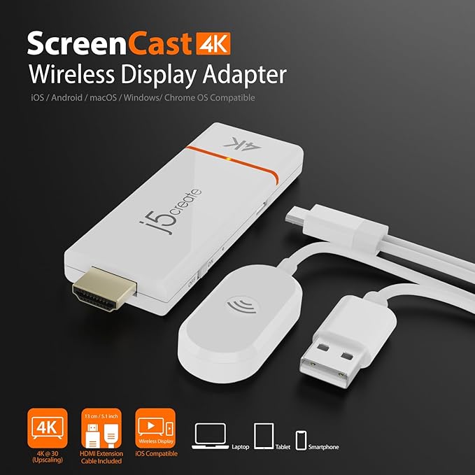 j5create ScreenCast 4K Wireless Adapter Screen Cast from Mobile Phone, or
