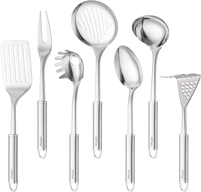 Stainless Steel Cooking Utensils 7PCS Kitchen Utensils Set, Heat Resistant Handle Utensils Set Included Ladle, Meat Fork, Slotted Spatula, Pasta Fork, Masher, Solid Spoon, Skimmer Spoon