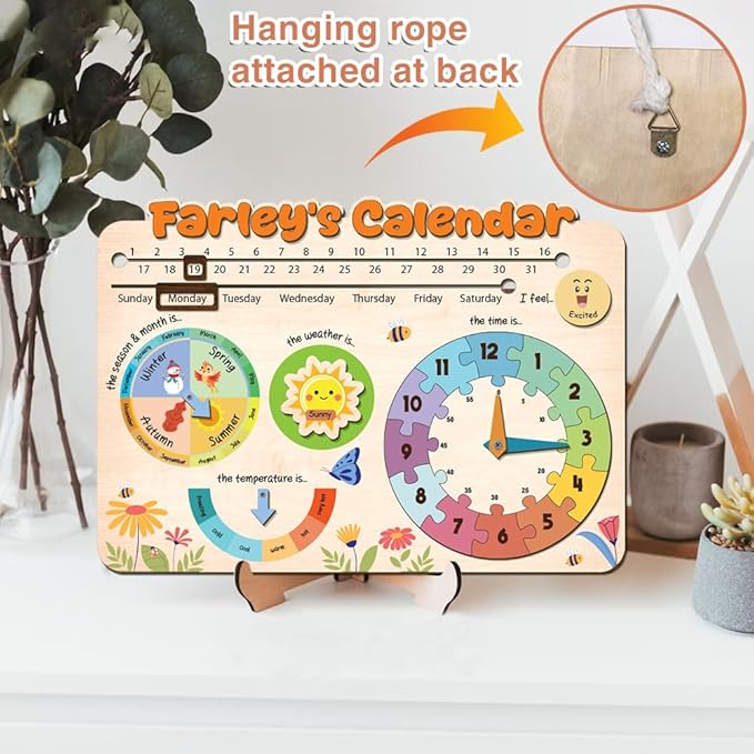 Interactive Calendar for Kids Ages 3+, Wooden Toddler Calendar, Teaching Seasons, Years, Months, Days of Week, Daily Activity Calendars for Kid Preschool & Homeschool (03 - Custom Name)