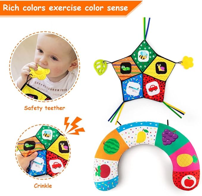 teytoy Tummy Time Pillow with Crinkle Mat & Teethers, Black and White High Contrast Baby Toys with Mirror, Montessori Sensory Crawling Toy for Infant Newborn Toddler Tummy Time Toys 0-6 Months Babies