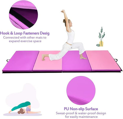 Giantex 4'x10'x 2" Gymnastics Mat, 4-Panel Folding Aerobics Exercise Mat w/Hook & Loop Fastener, Carrying Handle, Portable Tumbling Mat for Stretching Yoga Cheerleading Martial Arts