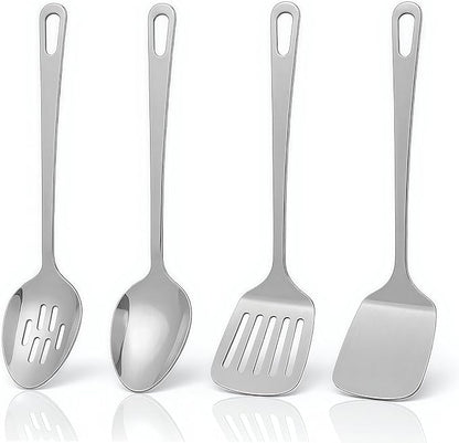 Cooking Utensils Set 4pcs - Stainless Steel Kitchen Utensils, Heavy Duty Metal Utensils Set with Stainless Steel Spatula Set Wok Spatula, Serving Spoons, Ergonomic Handle and Dishwasher Safe