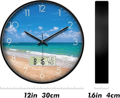 Modern Wall Clocks with Calendar and Date Ocean Wave Sea Beach Digital Clock