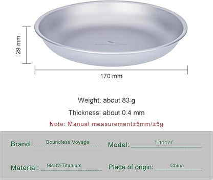 Boundless Voyage Titanium Camping Plate Dishes Saucer Lightweight Round Dinnerware Set Stackable Serving Plates Pasta Plates Travel Outdoor Home Kitchen Tableware Set Ti1117T