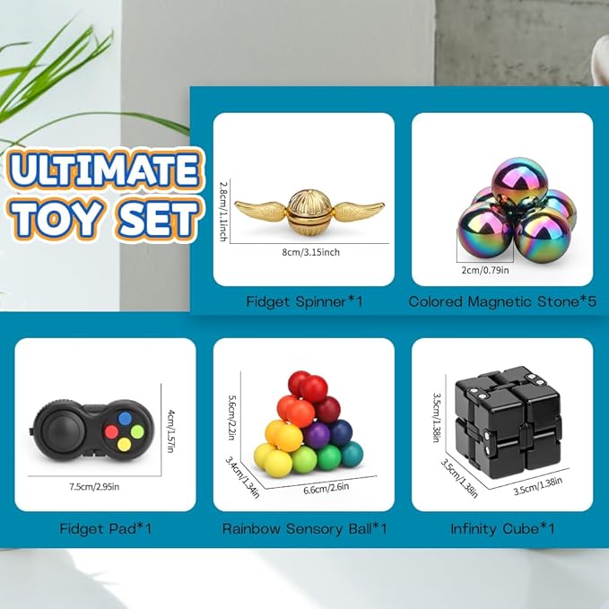 Dilabnba 9PCS Fidget Toys Bulk for Adults Teens, Cool Gadgets Office Desk Toy, Fidget Spinner Cube Pad Rainbow Sensory Ball Magnetic Stones, Goody Bag Fillers Birthday Gifts