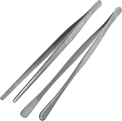 Litoexpe 2 PCS 10 Inches Fine Tweezer Tongs, Stainless Steel Cooking Tongs for BBQ Sea Food Repairing Serving, Silver