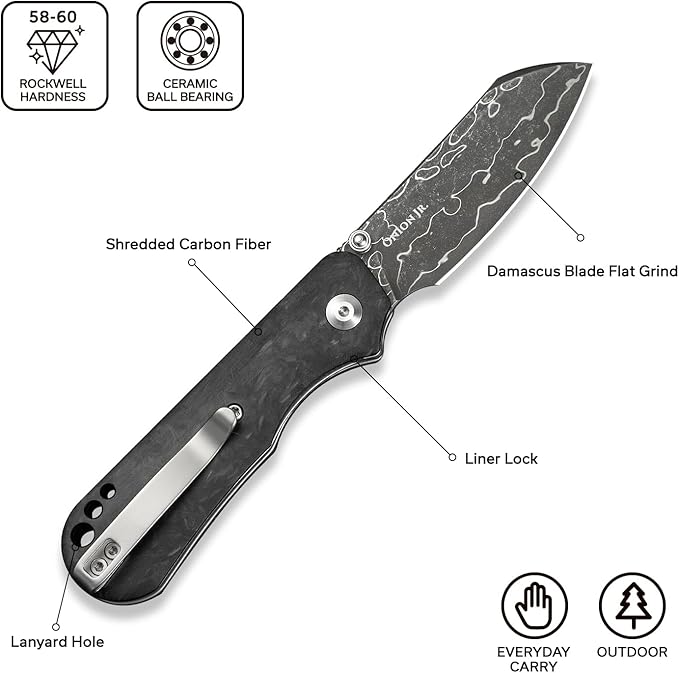 CIVIVI Crabby Pocket Knife, EDC Folding Knife for Men Women with Damascus Blade Contoured Shredded Carbon Fiber Handle, Designed by Ken Onion Jr. C24055-DS1