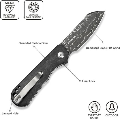 CIVIVI Crabby Pocket Knife, EDC Folding Knife for Men Women with Damascus Blade Contoured Shredded Carbon Fiber Handle, Designed by Ken Onion Jr. C24055-DS1