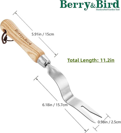 Berry&Bird Hand Weeder Tool, Stainless Steel Gardening Weed Puller, 12.1" Manual Weeding Removal Cutter Tool with Ash Wood Handle for Planting, Weeding, Flower & Vegetable Care in Garden Lawn Yard