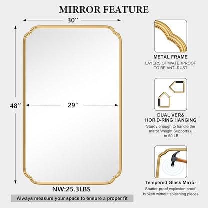 30"x48" Gold Bathroom Mirror for Wall, Large Brass Gold Bathroom Vanity Mirror