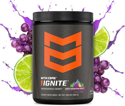 MTN OPS Ignite Energy Drink Powder, Gluten Free Nootropic Supplement Drink Mix, L Arginine, L Citrulline, Caffeine & Nootropic Sugar Free Drink Mix, 45 Servings, Rocky Mountain Rickey