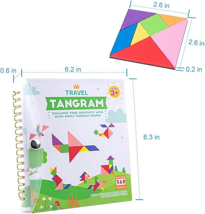 Vanmor Travel Tangram Puzzle with 2 Sets Magnetic Plate-Montessori Shape Pattern Blocks Jigsaw Road Trip Games with 368 Solution - IQ Book Educational Toy Brain Teaser Gift for Kids Adults Challenge