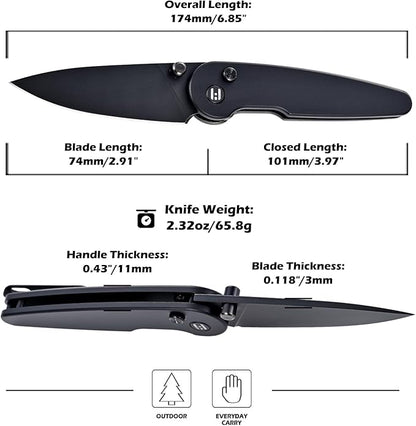 Hightron Birdidi Folding Pocket Knife, 2.91" D2 Blade Aluminum Handle with Deep-Carry Clip, Sharp EDC Tactical Knives for Men Women Lightweight Cutter for Camping Hiking Black-B
