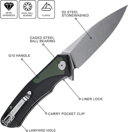 Petrified fish PF838 3.74" D2 steel folding knife outdoor tactical pocket knives G10 handle camping hunting Cutter EDC tool (Green, Stonewash)