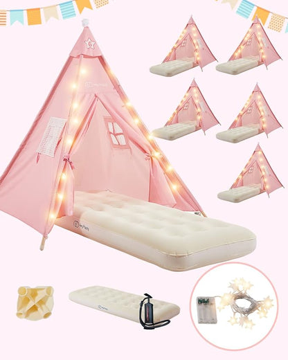 6 Pack Teepee Tent for Kids with Inflatable Airbed, Light, Toddler Tent Children Room Tents, Slumber Party Sleepover Tents, Indoor Outdoor Kids Playtent Playhouse for Girls & Boys