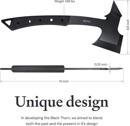 KOVA Black Thorn Hatchet - Stainless Steel, 14" Overall Length, 6.8" Blade, G10 Handle - Lightweight & Durable Axe, Ideal for Camping, Survival, and Outdoor Adventure