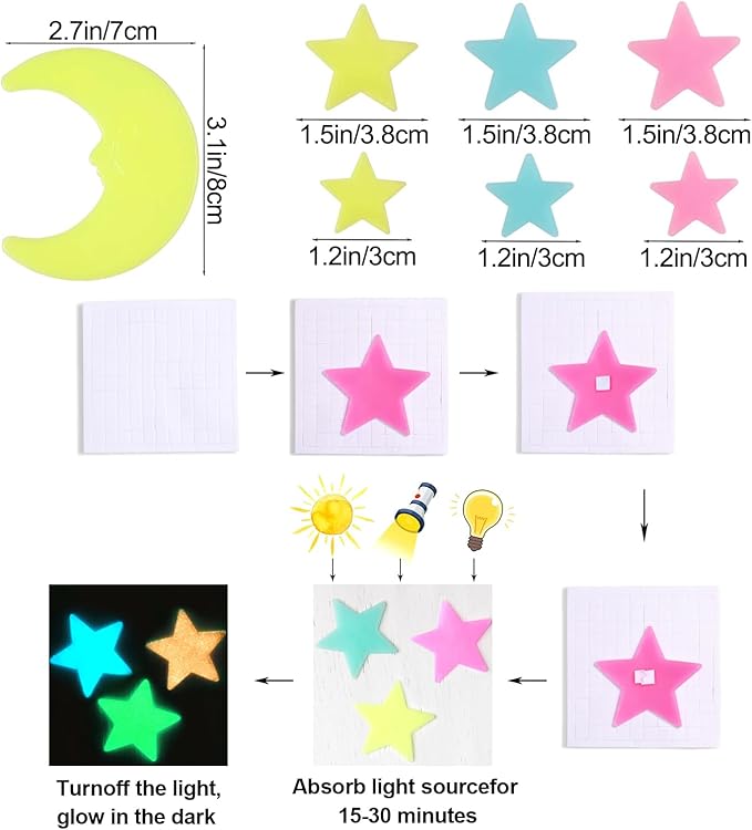 100 Pcs Colorful Glow in The Dark Luminous Stars and Moon Fluorescent Noctilucent Plastic Wall Stickers Murals Decals for Home Art Decor Ceiling Wall Decorate Kids Babys Bedroom Room Decorations