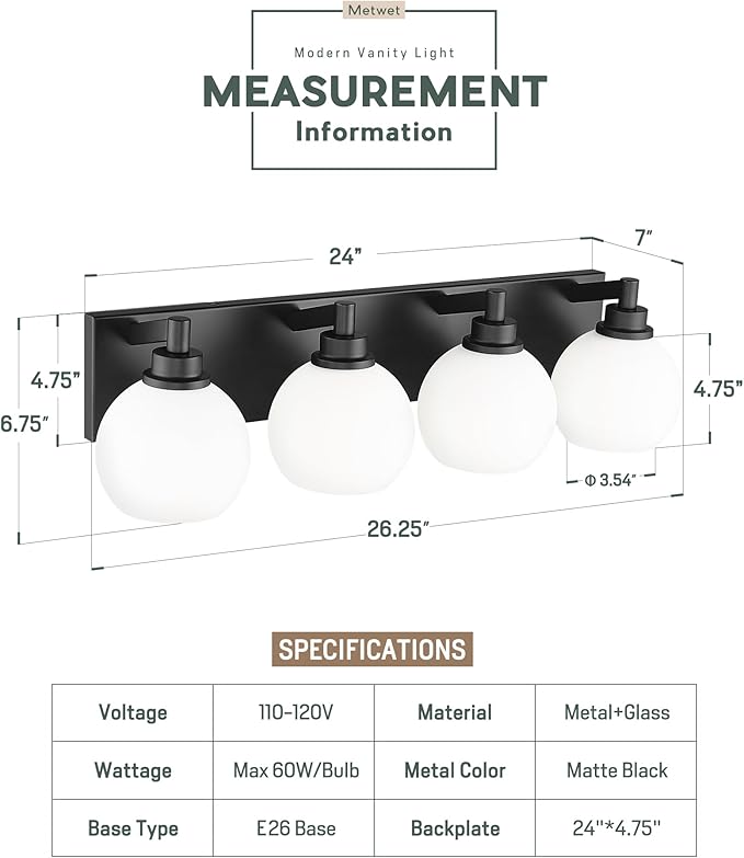 METWET Bathroom Light Fixtures, 4 Light Matte Black Vanity Light, 26 Inch