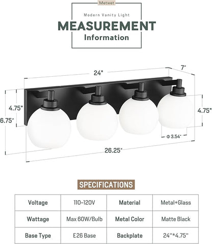 METWET Bathroom Light Fixtures, 4 Light Matte Black Vanity Light, 26 Inch