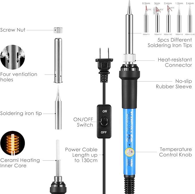 Soldering Iron Kit, Adjustable Temperature 13-in-1 60W Soldering Tool, Solder Kit Electronics with ON/Off Switch, 5 Soldering Tips, Solder Sucker, Stand, Tweezers, Solder Wire, Wire Cutter, Carry Bag