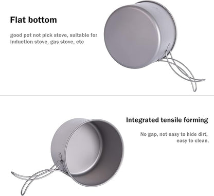 iBasingo Backpacking Cookset Titanium Camping Pots Set Ultralight Outdoor Picnic Pots Pans with Folding Handle Druable Portable Cooking Mess Kit Compact Picnic Dishes Bowls Cups (Multiple Sizes)