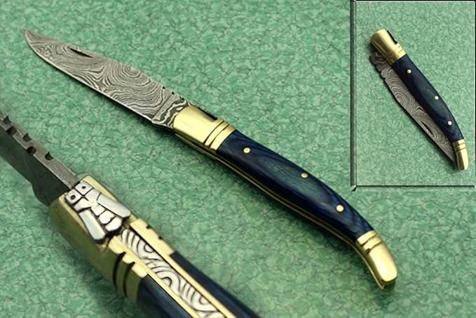 Laguiole Folding Damascus steel knife, 8.6" Long with 4" hand forged custom twist pattern Blade. Blue colored wood with brass bolster, Cow hide leather sheath included