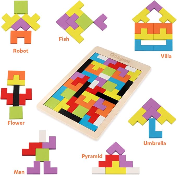 Coogam Wooden Blocks Puzzle Brain Teasers Toy Tangram Jigsaw Intelligence Colorful 3D Russian Blocks Game STEM Montessori Educational Gift for Kids (40 Pcs)