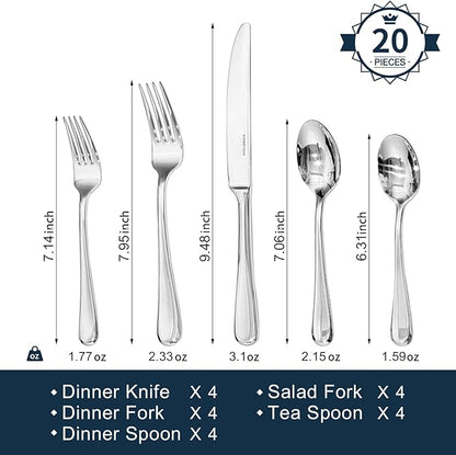 KINGSTONE 20 Pieces Silverware Set for 4, Premium Stainless Steel Flatware Set, Heavy Duty and Modern Design Cutlery Set, Mirror Polished, Dishwasher Safe