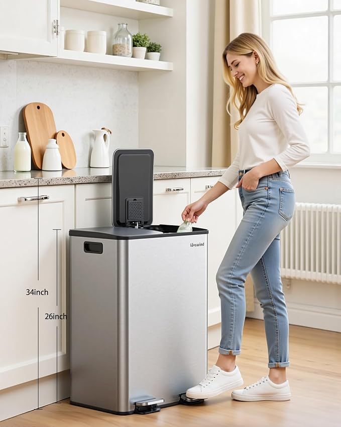 Lovewind Kitchen Trash Can, 2 x 8 Gallon Stainless Steel Trash and Recycle Bin