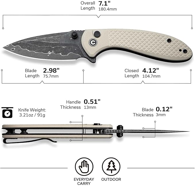 CIVIVI Faeger Pocket Folding Knife for EDC, 2.98" Damascus Blade G10 Handle, Reversible Clip for Men Women Outdoor Carry C24031-DS1 (Ivory)