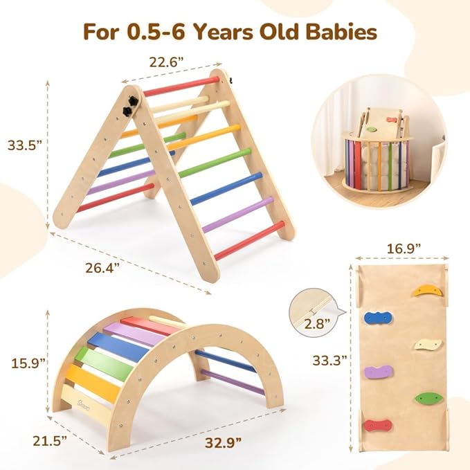 Pikler Triangle Set with Cushion, 8-in-1 Toddler Climbing Toys Indoor, Wooden Montessori Climbing Set with Arch Ramp,Ladder&Tent Cloth, Baby Indoor Climber Jungle Gyms for Toddlers Toy, Rainbow