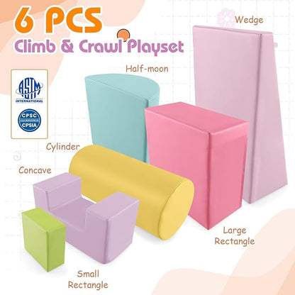 Costzon Toddler Climbing, 6 Pieces Climb and Crawl Playset with PU Cover for Baby Crawling, Climbing & Walking, Indoor Foam Climbing Blocks for Toddlers 1-3, Light Pink