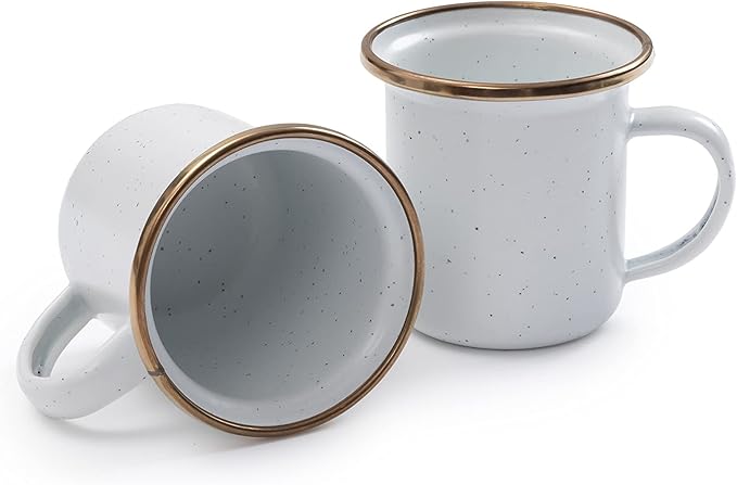 Barebones 5-Ounce Enamel Espresso Cup Set of 2 - Small Coffee Mug and Tea Cup - Stainless Steel Rim Camping Mug for Indoor and Outdoor Use (Eggshell)