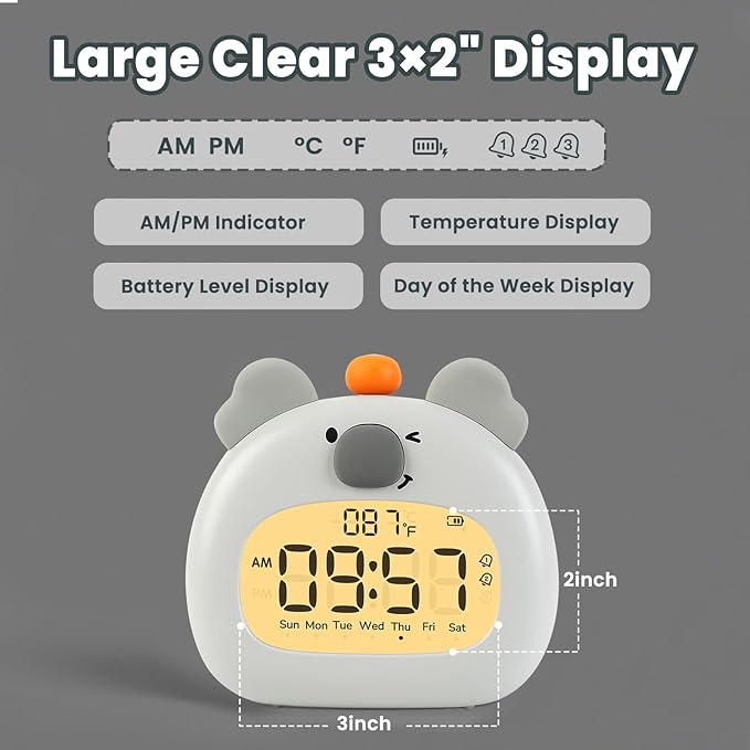 Koala Alarm Clock with Night Light for Kids – Cute Digital Sleep Trainer with LED Display, 3 Alarms, Countdown Timer, Adjustable Brightness – Rechargeable Bedside Clock for Boys and Girls