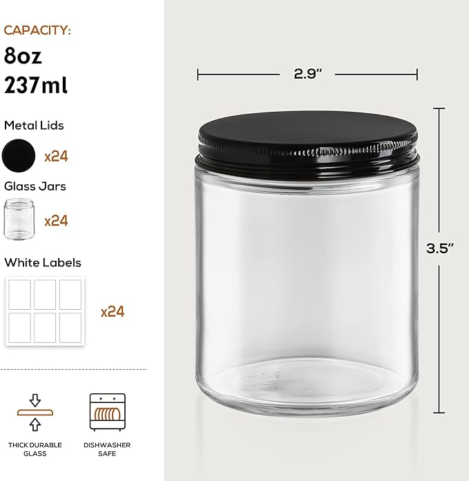 24 Pack, 8 OZ Thick Glass Jars
